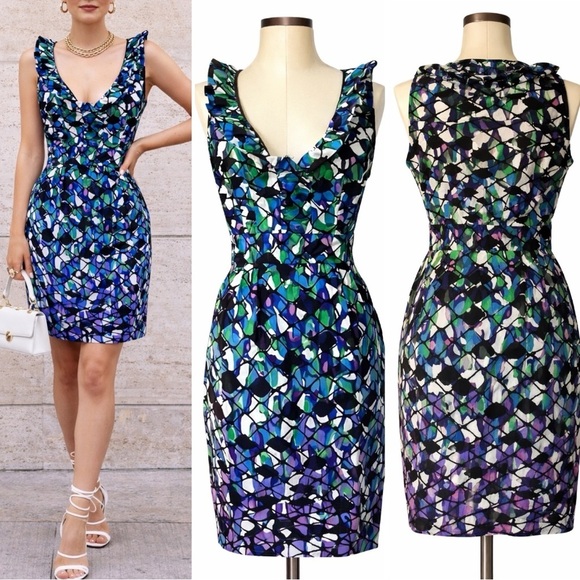Just...Taylor Dresses & Skirts - 049 Just Taylor |NWOT Green Abstract Print Ruffle Neck Sheath Cocktail Dress (6)
